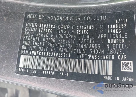 2018 Honda Civic Ex-T z USA, uszkodzony, nr VIN JHMFC1F30JX025013